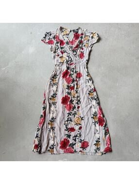 Autumn Wedding Guest Dress Midi Faux Wrap Boho Dress Cap Sleeve Angie Sz Small